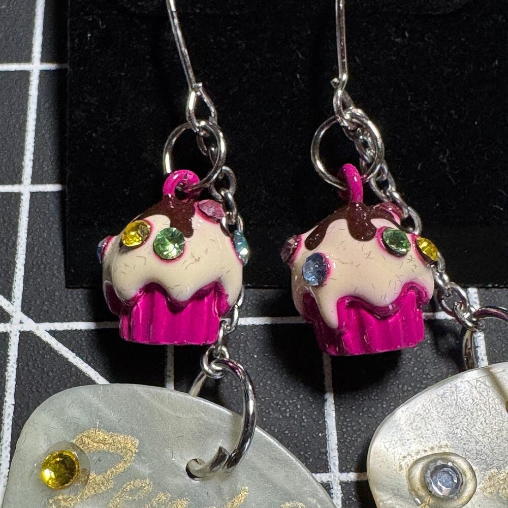 Handmade Fender Guitar Pick Cupcake Earrings Pearl Rhinestone Dangle Kawaii - Picture 3 of 7